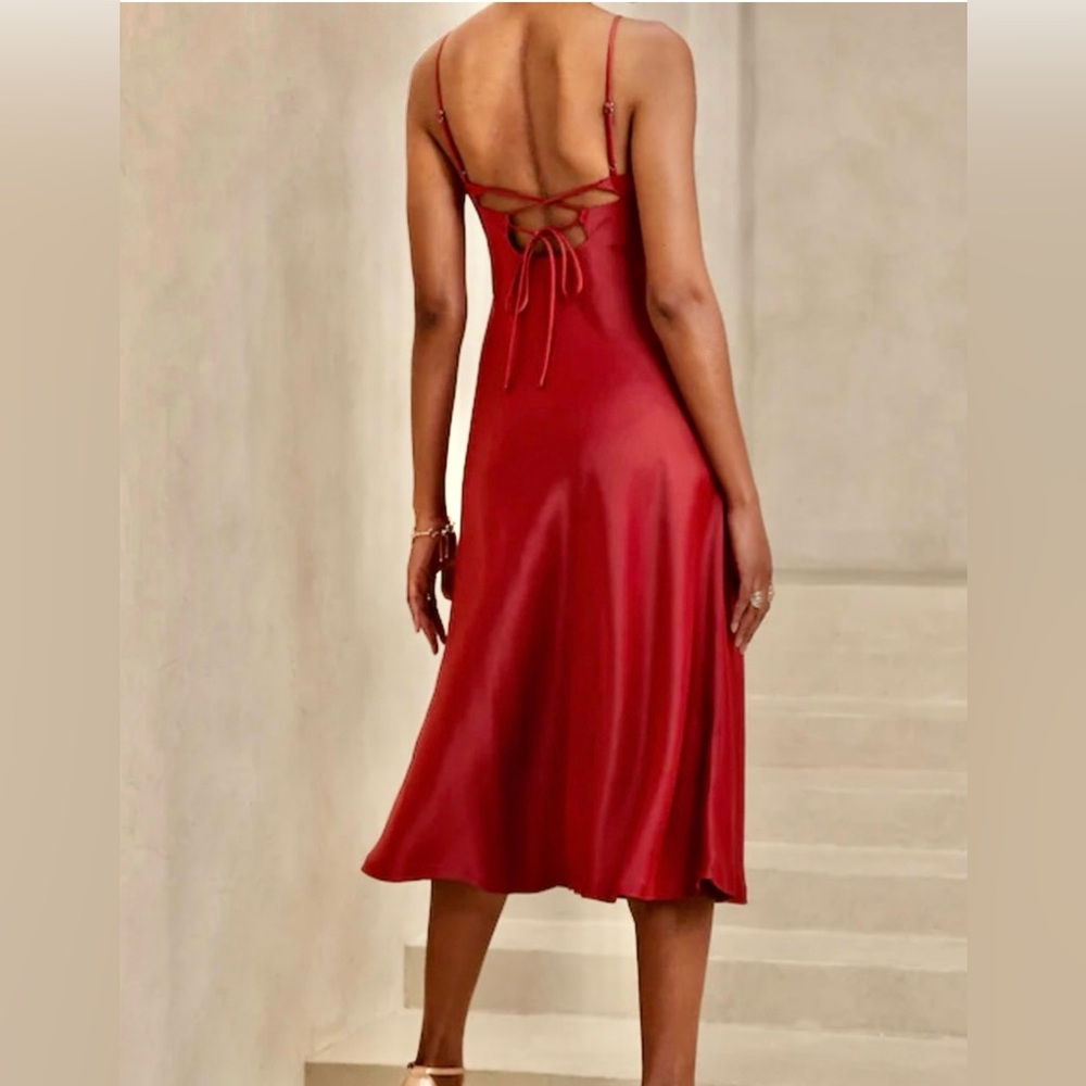 Elegant Olive Green Satin Midi Dress new with tags. - Picture 4 of 8